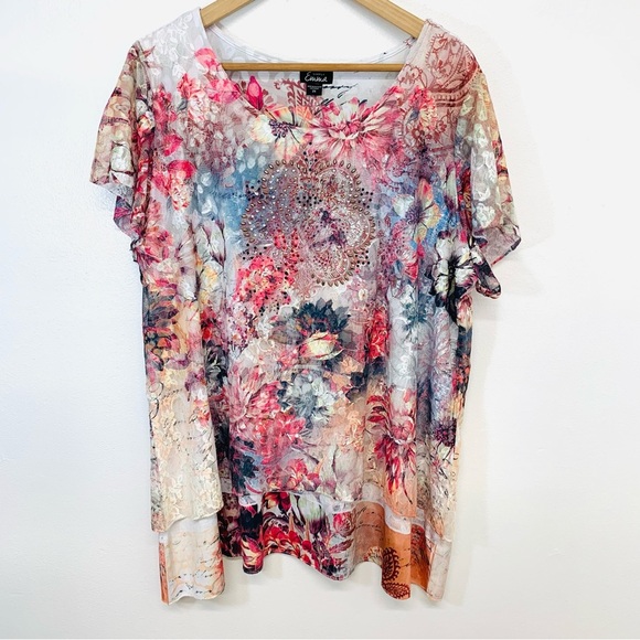 Simply Emma Top Woman 2X  Lace Tiered Beaded Pink Floral Sheer Fairy Flowy Boho - Picture 1 of 11